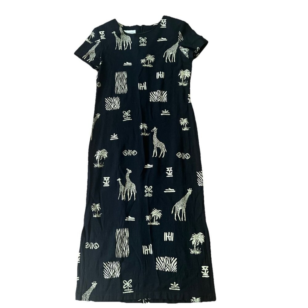Betsy's Things Women's Black White Short Sleeve safari giraffe  Maxi Dress SZ 6‎